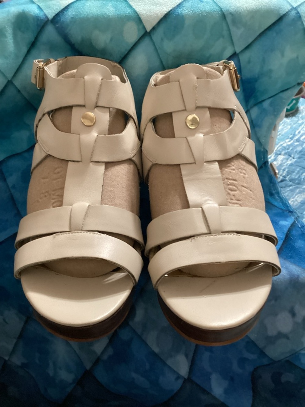 Marc Fisher Cream Strappy Heel Sandals with Gold Accent